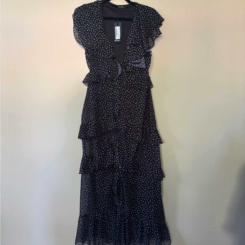 Nasty Gal Black and White Polka Dot Ruffle Maxi Dress